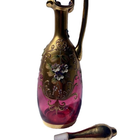Cranberry Bohemian Glass Cruet, Gilded, Hand-painted, enameled appliques - Picture 4 of 13